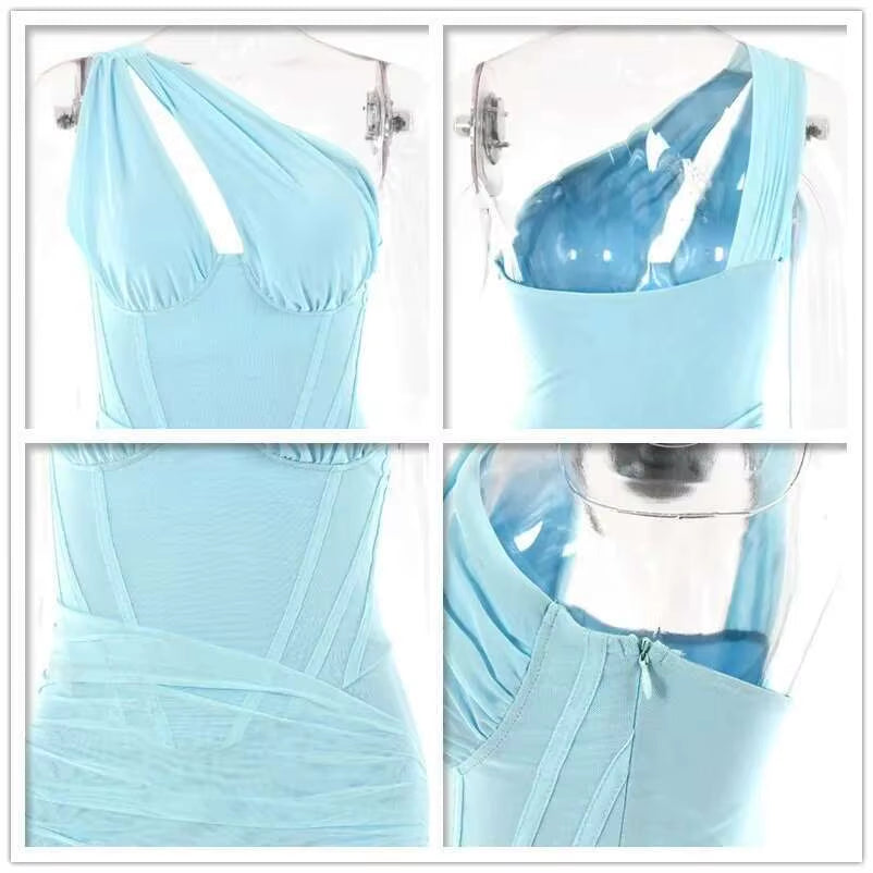 One Shoulder Mesh Sexy Bodycon Dresses Women 2021 White Pleated Mini Summer Dress Vestidos Elegant Club Party Dresses