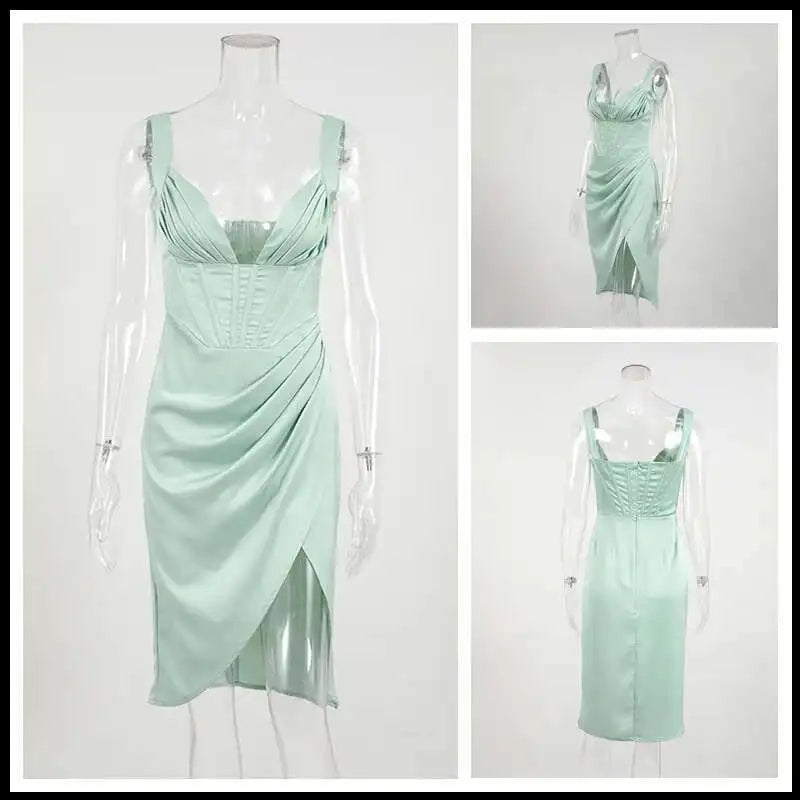 Stretch Satin Elegant Dress Women High Split Deep V Neck Sexy Party Dress 2021 Summer Dresses with Fishbone Vestidos