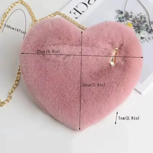 Heart Shaped Fluffy Shoulder Bag Fashion Chain Crossbody Bag Plush Handbag Cute Zipper Purse for Valentine'S Day