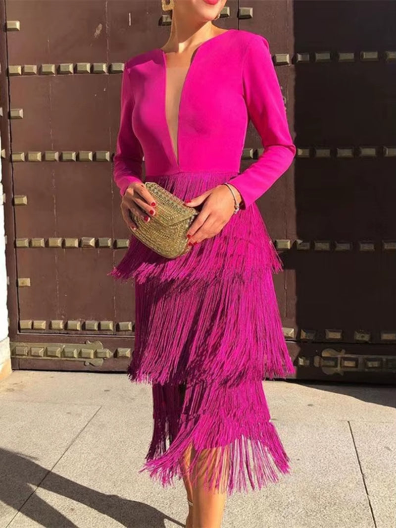 Office Ladies New Rose Red Fringe Sexy Dress Women's Spring Summer Fashion Knee Length Slim Party Night Dresses XXL Tassels