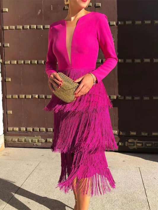 Office Ladies New Rose Red Fringe Sexy Dress Women's Spring Summer Fashion Knee Length Slim Party Night Dresses XXL Tassels