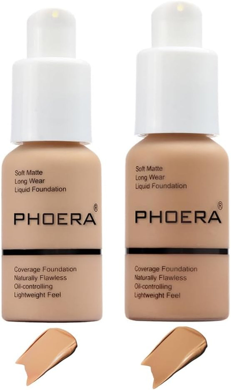 2 Pcs Liquid Foundation Full Coverage 24HR 30Ml Matte Oil Control Foundation Makeup Concealer (Buff Beige & Sand) with Kabuki Foundation Brush Flat Top