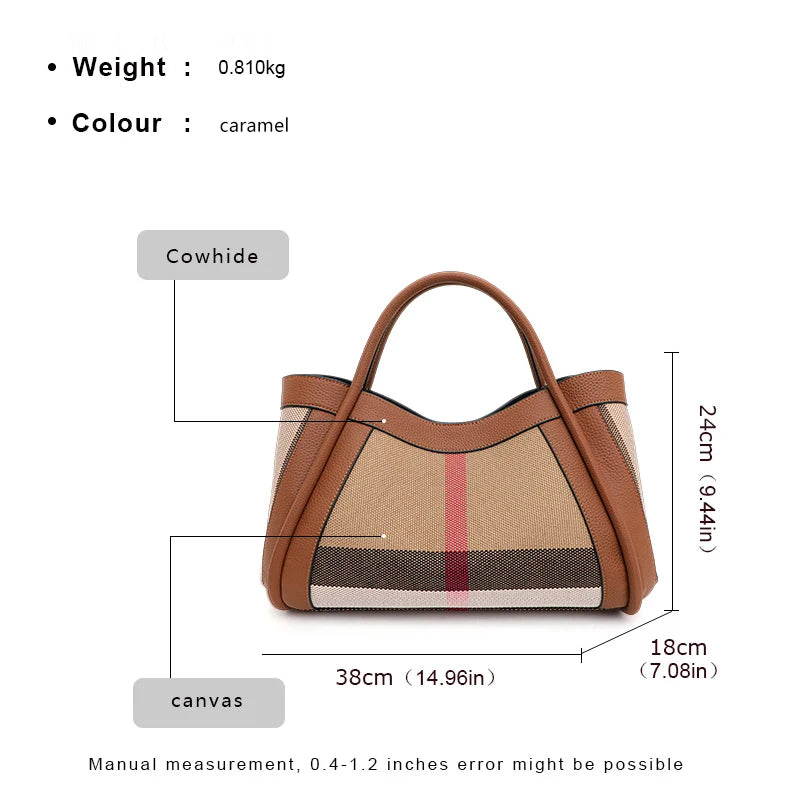 2025 New Retro Checkered Women'S Handbag, Large Capacity Luxury Bag, Canvas Genuine Leather Bag
