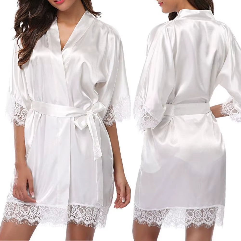 Women Ice Silk Pajamas Robes Sleepwear Nightgowns Nightdress Red Black L XL Lace Smooth Soft Comfortable Casual Pure Color