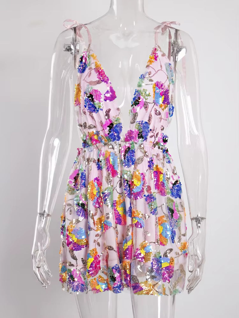 Pink Shine Sequin Backless Slip Mini Dress White Chain Straps Sexy Short Cocktail Party Night Dresses Lush Prom Summer