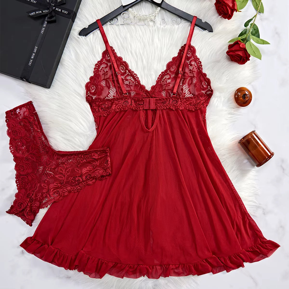 Transparent Red Sexy Lingerie Women'S Underwear See through Sleepwear Lace Nightdress and Panty Pijamas Sets Female Sexy Nighty