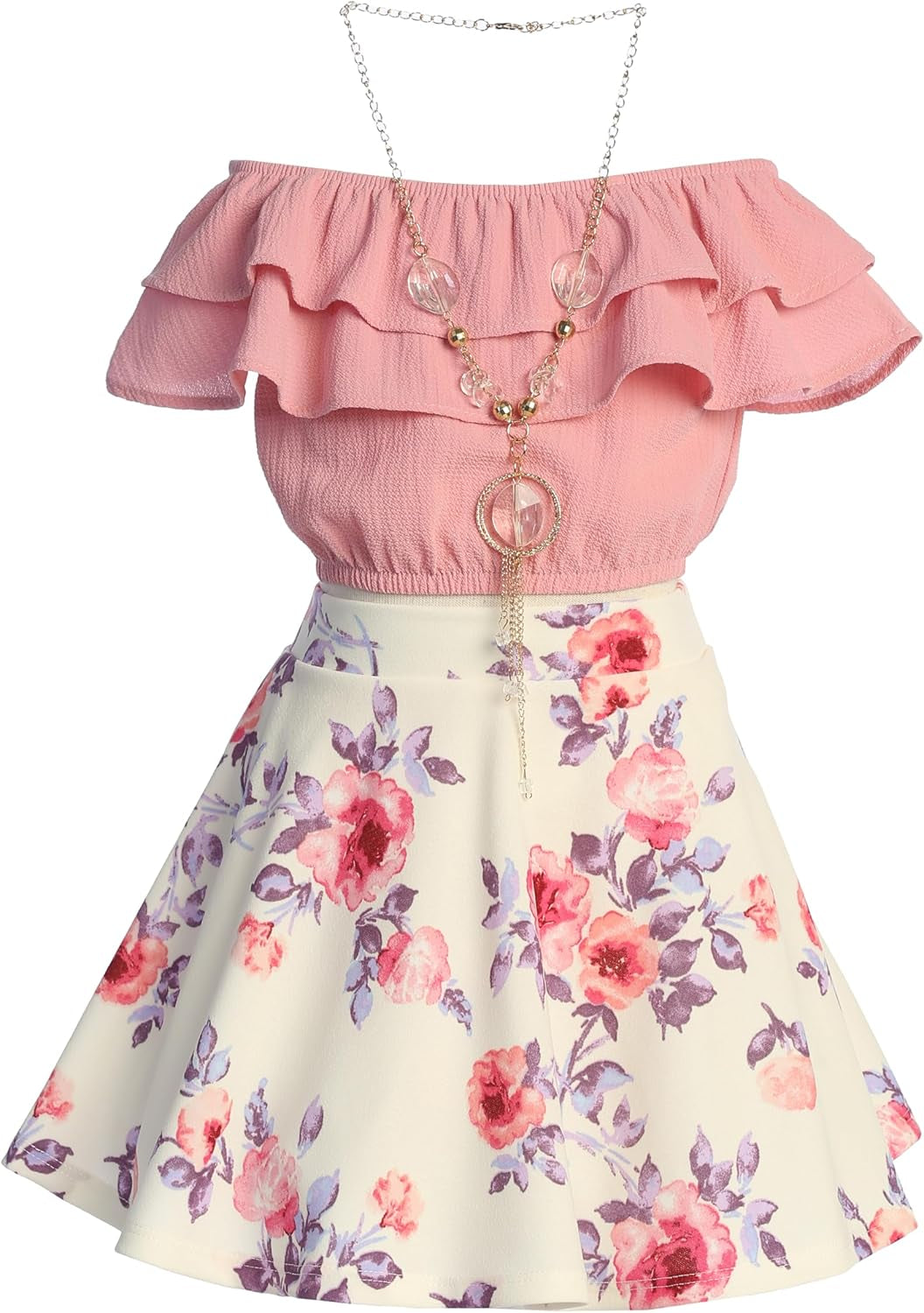 Girls off Shoulder Crop Ruffle Layered Top and Skirt Set Outfit USA 4-14